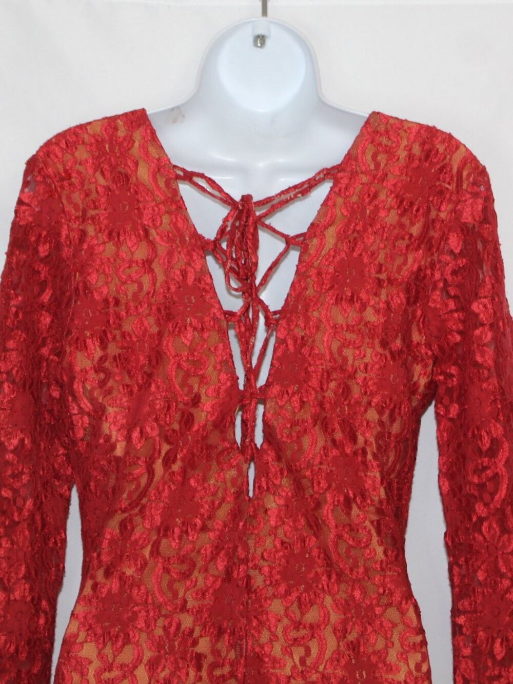 Vtg 90s women's dress size L red nude illusion long sleeve tight fitting flapper - Picture 8 of 14